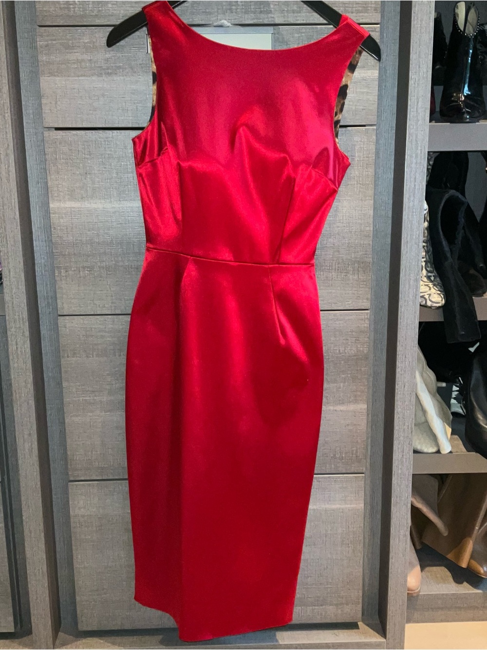 Dolce & Gabbana Red Satin Midi Dress with Leopard-Print Lining